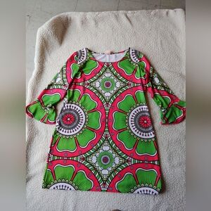 Parisou Vibrant Green and Pink Patterned Dress